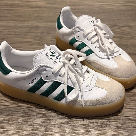 adidas Shoes - Women’s adidas White Leather Sneakers with Green Stripes and Gum Sole